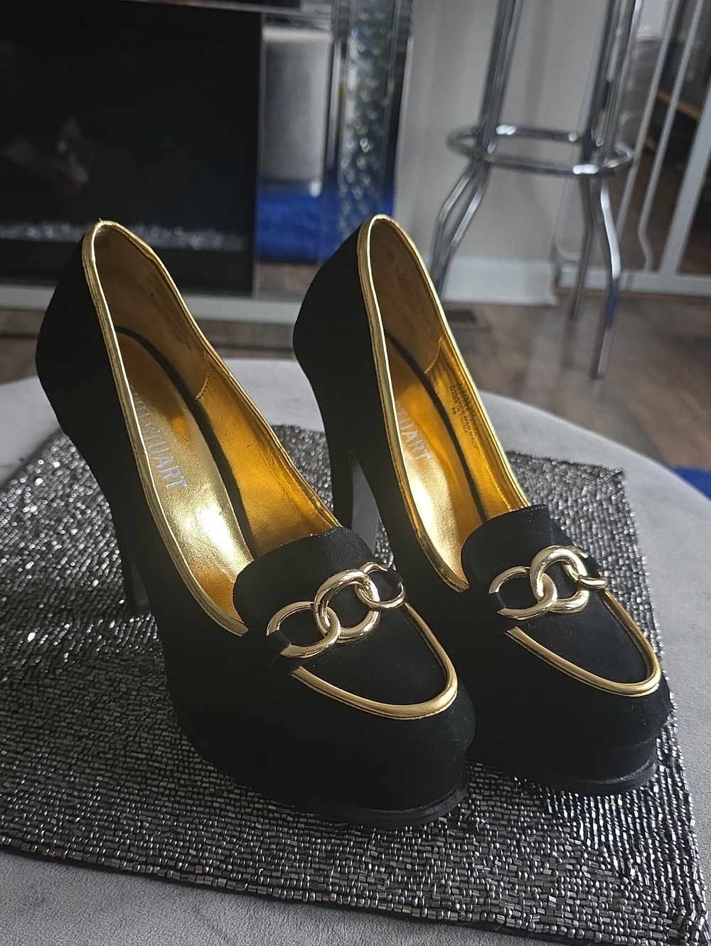 Colin Stuart Black Pumps with Gold Chain Accent